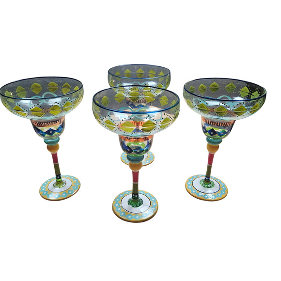 4 pcs  Pier 1 Margarita Glasses Mouth Blown Hand Painted Party Cocktail Stemware - Picture 2 of 8